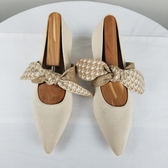 Vivaia Aurora Cream Pointed Toe Bow Houndstooth Mary Jane Block Heels Size 7.5 - Picture 4 of 12